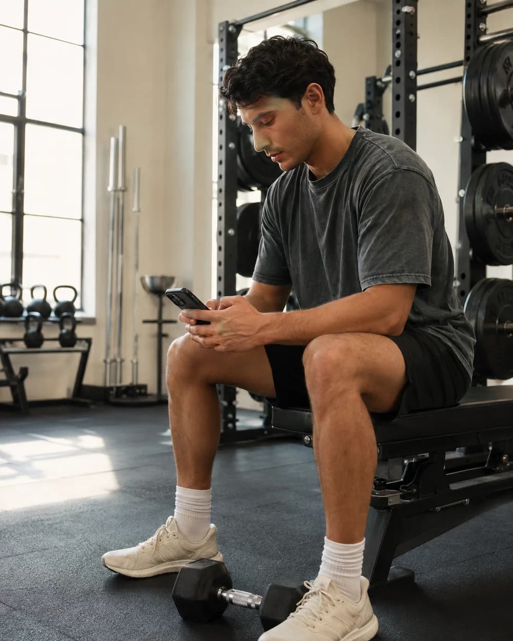 Man logging his workout during a rest