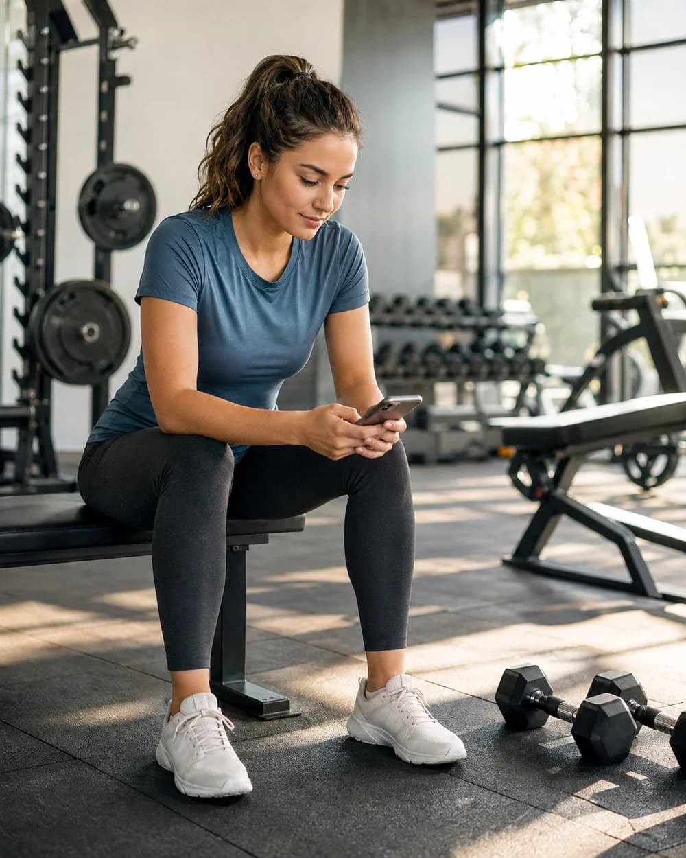 Woman preparing her routine on her phone before training