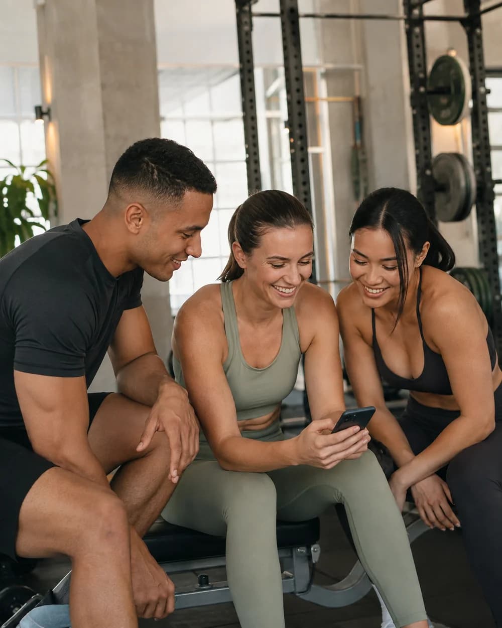 Three friends sharing a workout on a phone