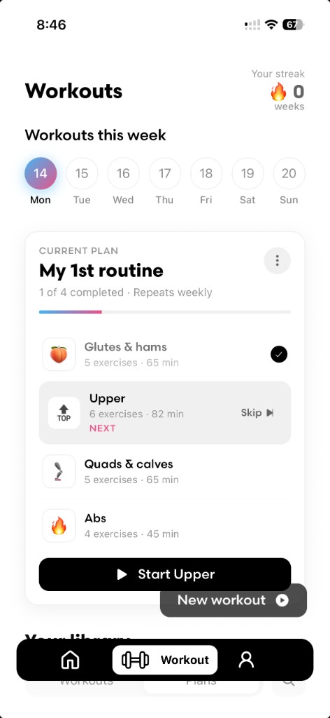Workouts screen with the weekly plan and the next routine ready